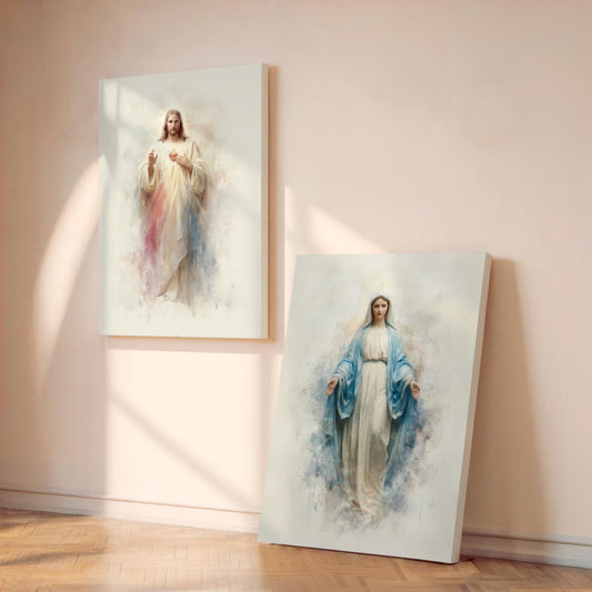 Jesus & Virgin Mary Canvas Set – Religious Wall Art Prints