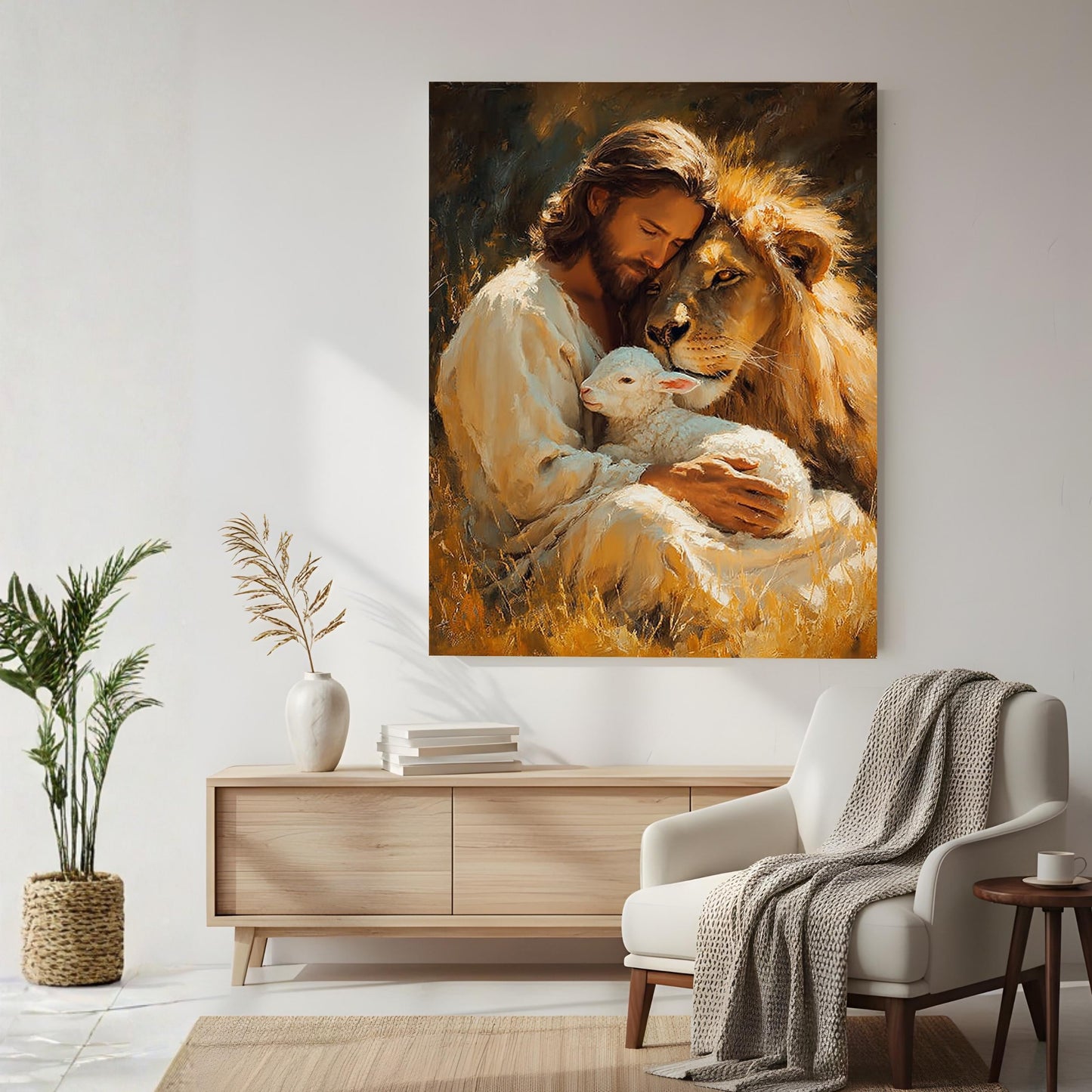 Jesus Lion and Lamb Canvas Wall Art Christian Home Decor