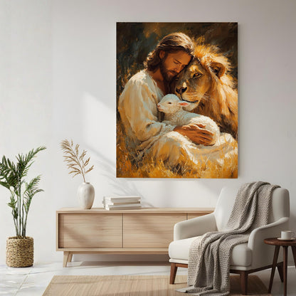 Jesus Lion and Lamb Canvas Wall Art Christian Home Decor