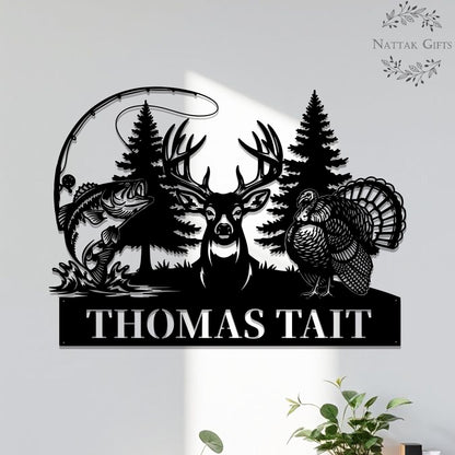 Personalized Hunting Name Metal Sign, Custom Deer Turkey & Bass Fishing Wall Art
