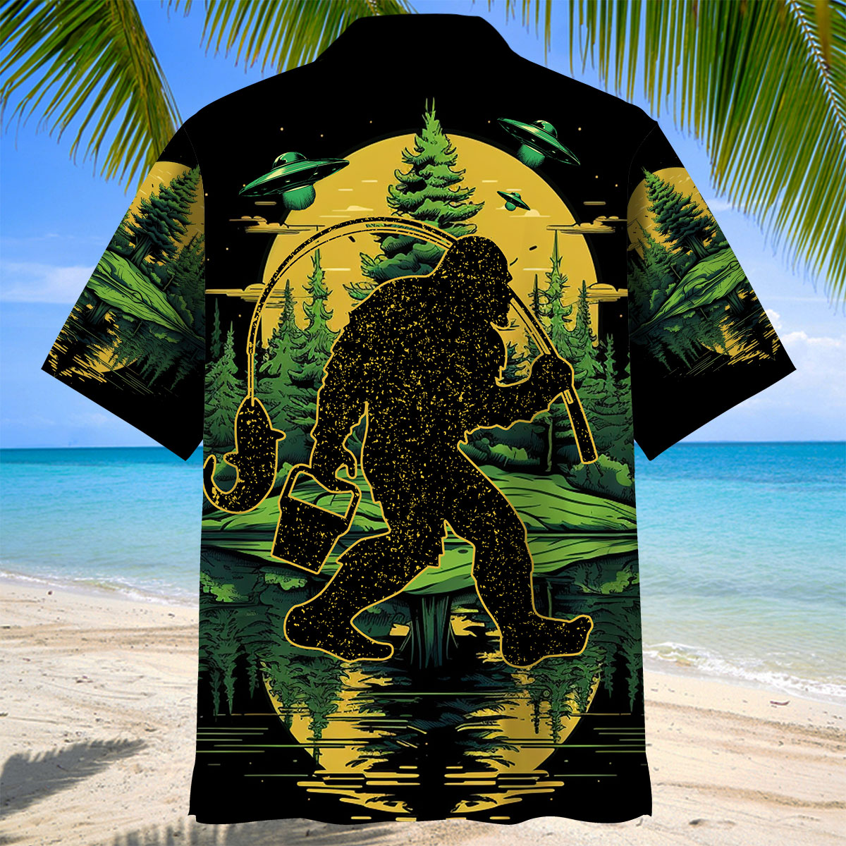 Bigfoot Fishing Green Alien Forest Hawaiian Shirt