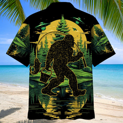 Bigfoot Fishing Green Alien Forest Hawaiian Shirt