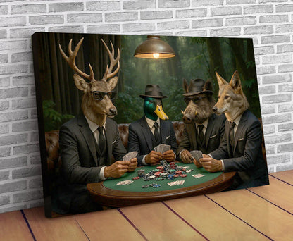 Hunter Animals Playing Poker Canvas - Deer, Duck, Boar & Coyote Poker Print
