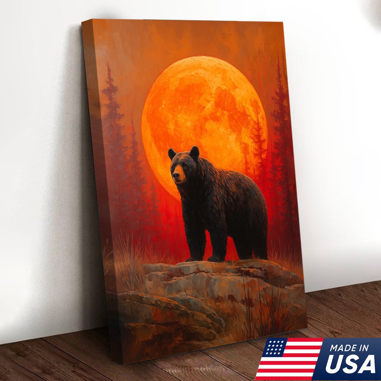 Bear Canvas Wall Art – Majestic Black Bear with Fiery Orange Full Moon