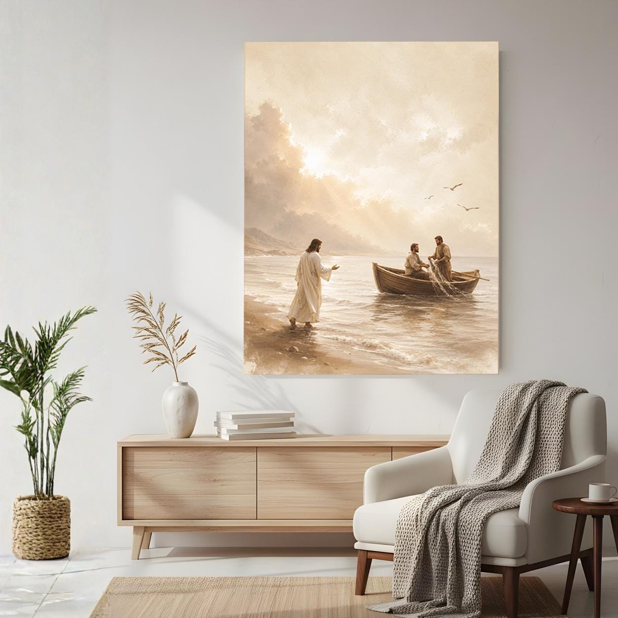 Jesus Walking on Shore Canvas Print, Christian Wall Art, Biblical Coastal Wall Decor