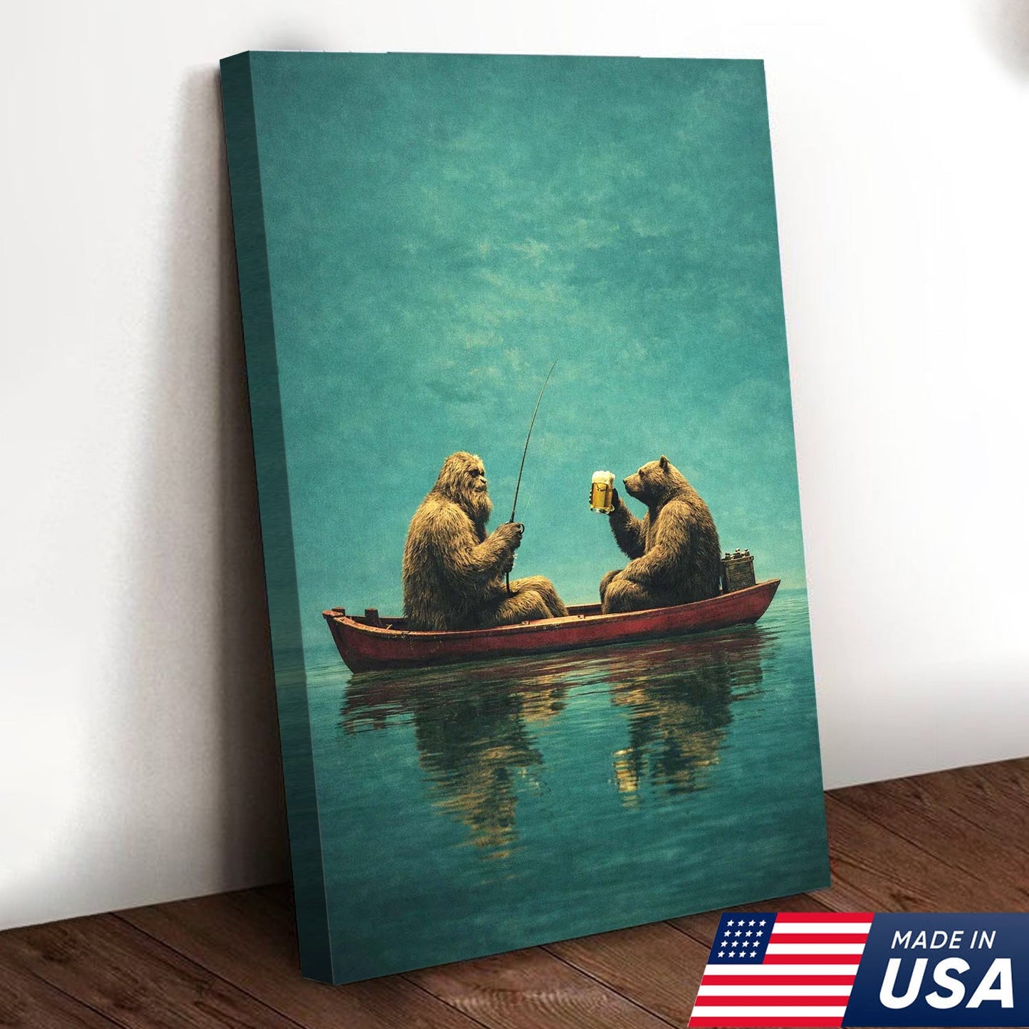 Whimsical Bear Fishing Canvas Wall Art, Surreal Animal Friendship Painting