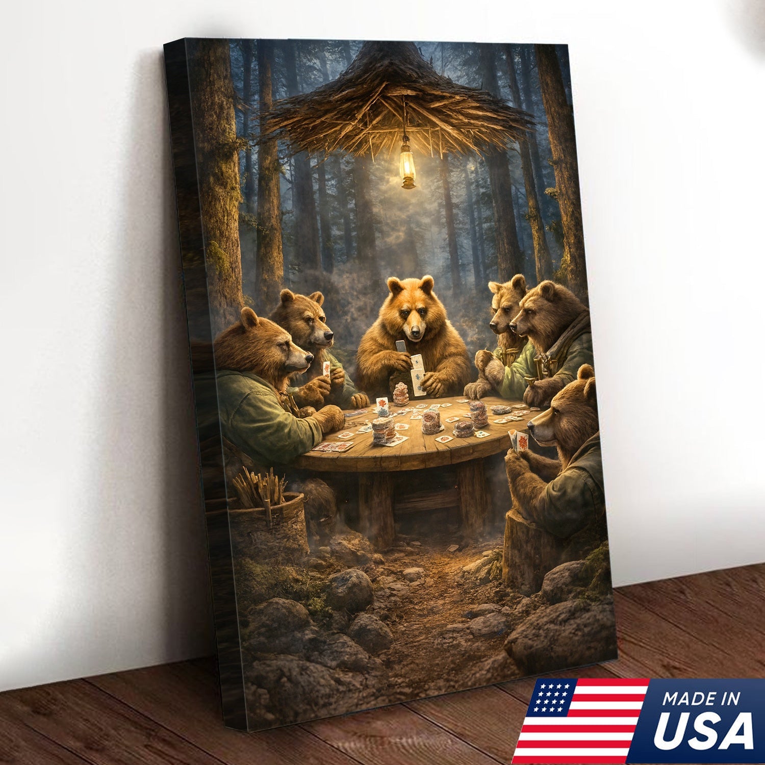 Funny Bear Poker Night Wall Art Canvas – Rustic Forest Animal Card Game Canvas Decor