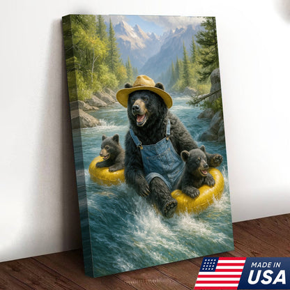Bear River Adventure Canvas Wall Art – Cute Bear Family Wall Decor for Cabin & Nature Lovers