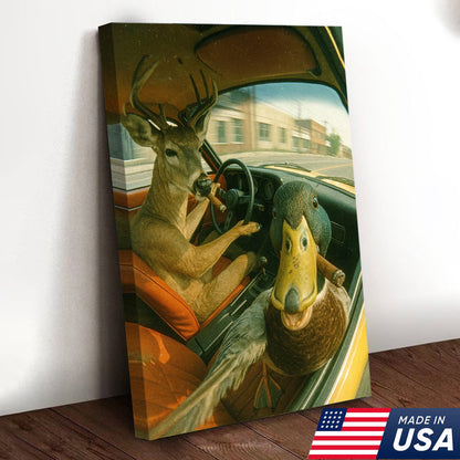 Wild Road Trip Canvas Wall Art – Deer & Duck Adventure Scene – Quirky Rustic Cabin Decor