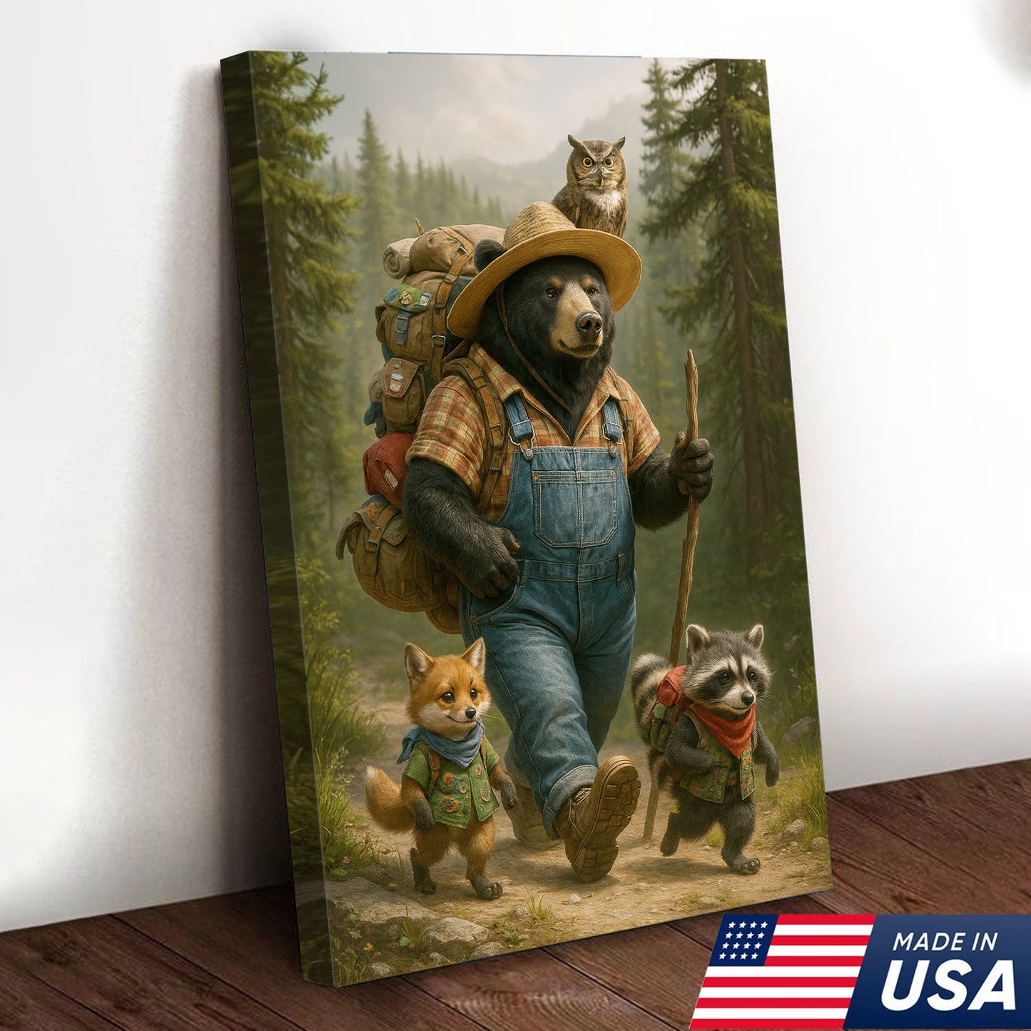 Bear Hiking Adventure Canvas Art – Cute Woodland Animal Wall Decor for Cabin & Home
