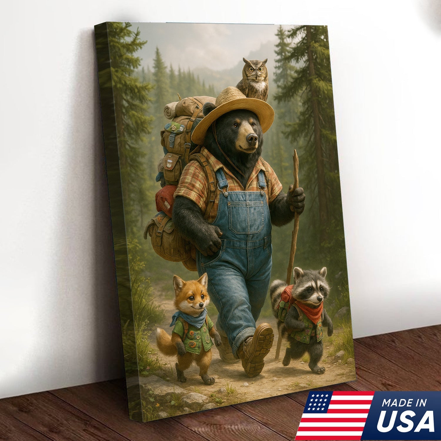 Bear Hiking Adventure Canvas Art – Cute Woodland Animal Wall Decor for Cabin & Home