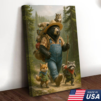Bear Hiking Adventure Canvas Art – Cute Woodland Animal Wall Decor for Cabin & Home