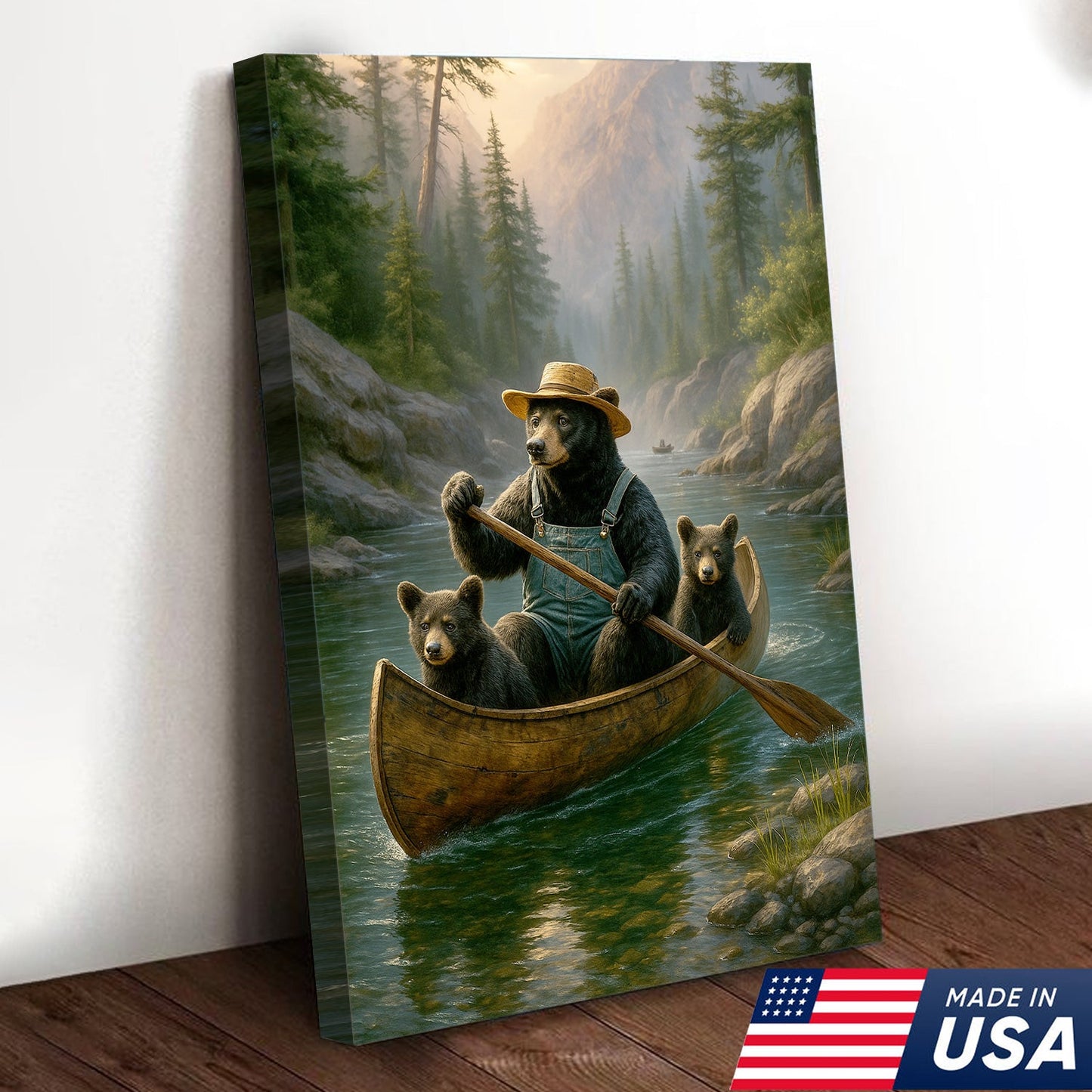 Bear Family Canoe Adventure Canvas Wall Art – Rustic Wildlife Wall Decor for Cabin & Home