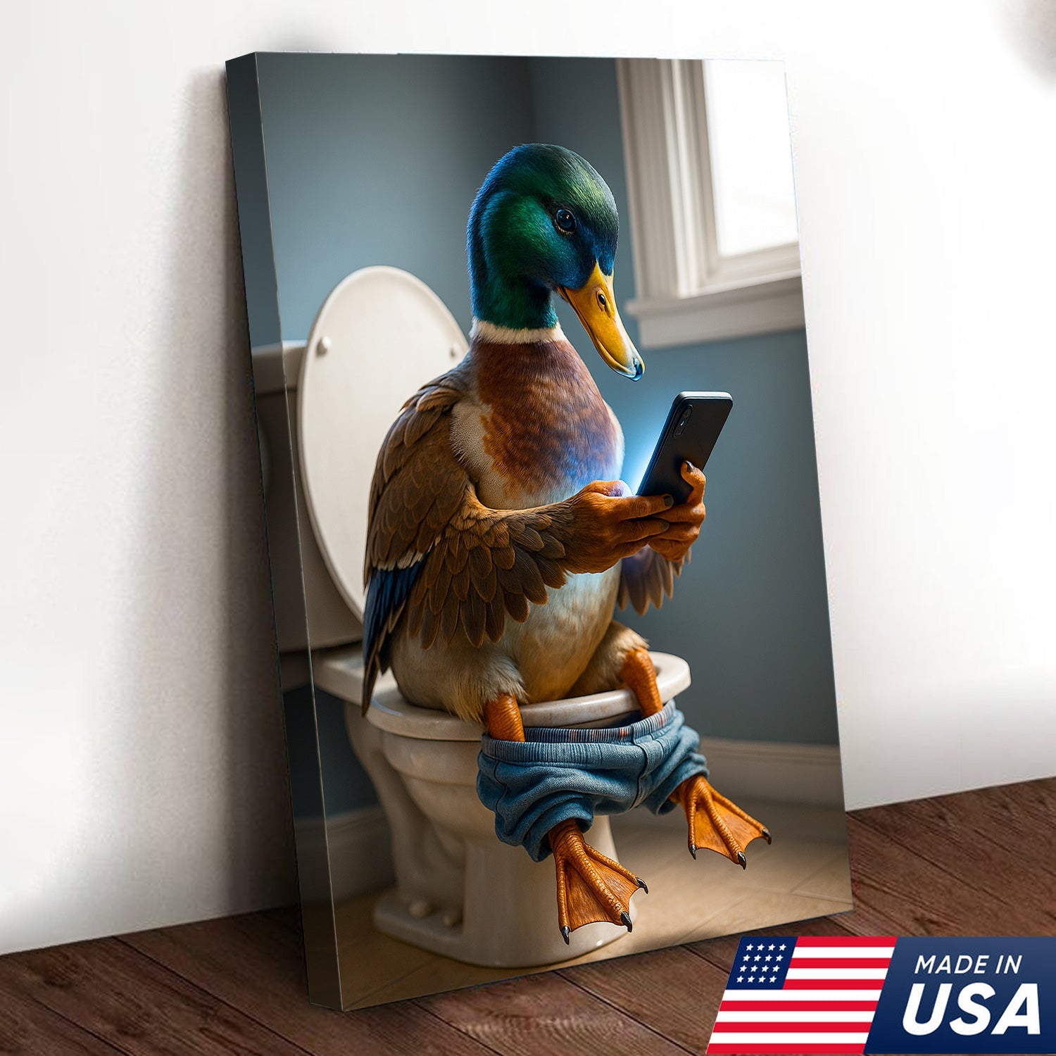 Funny Duck on Toilet Canvas Wall Art – Hilarious Gift for Men, Husband or Bathroom Decor