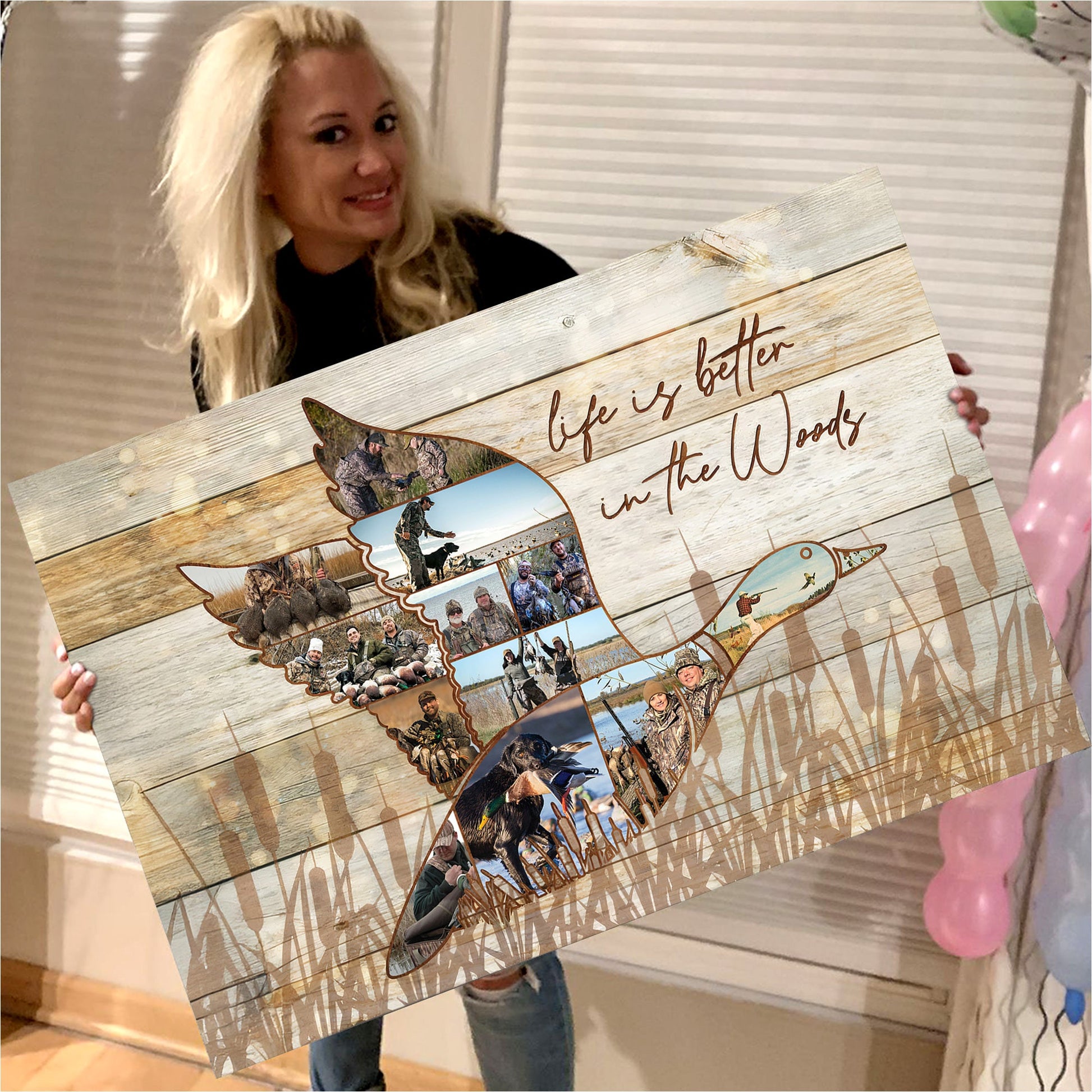 Custom Photo Duck Hunting Collage Canvas, Rustic Wood Look, Personalized Waterfowl Hunter Gift Wall Art