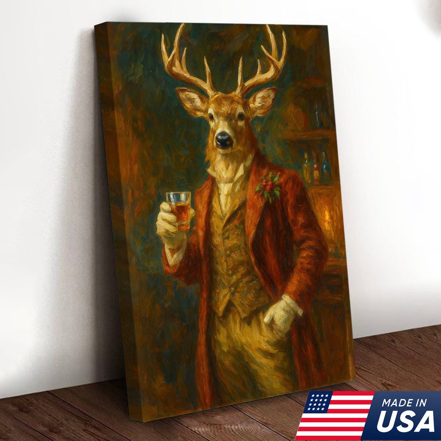 Deer Gentleman Wall Art Canvas – Whiskey Hunter Canvas Decor for Rustic Cabin