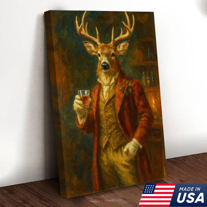 Deer Gentleman Wall Art Canvas – Whiskey Hunter Canvas Decor for Rustic Cabin