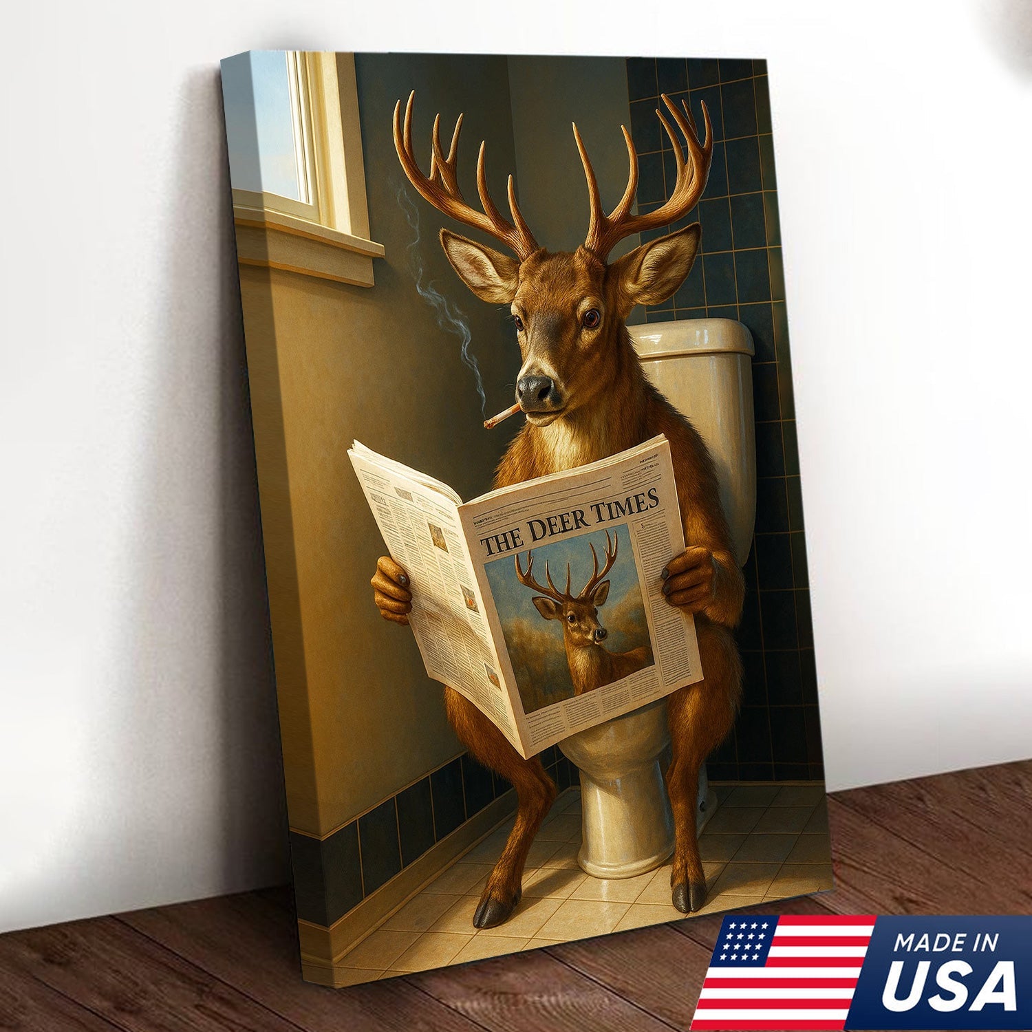 Funny Deer Canvas Wall Art – Buck Reading Newspaper on Toilet – Whitetail Deer Bathroom