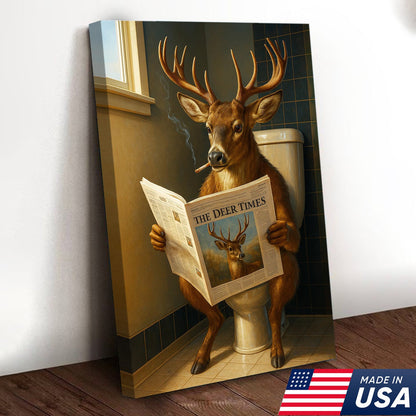 Funny Deer Canvas Wall Art – Buck Reading Newspaper on Toilet – Whitetail Deer Bathroom