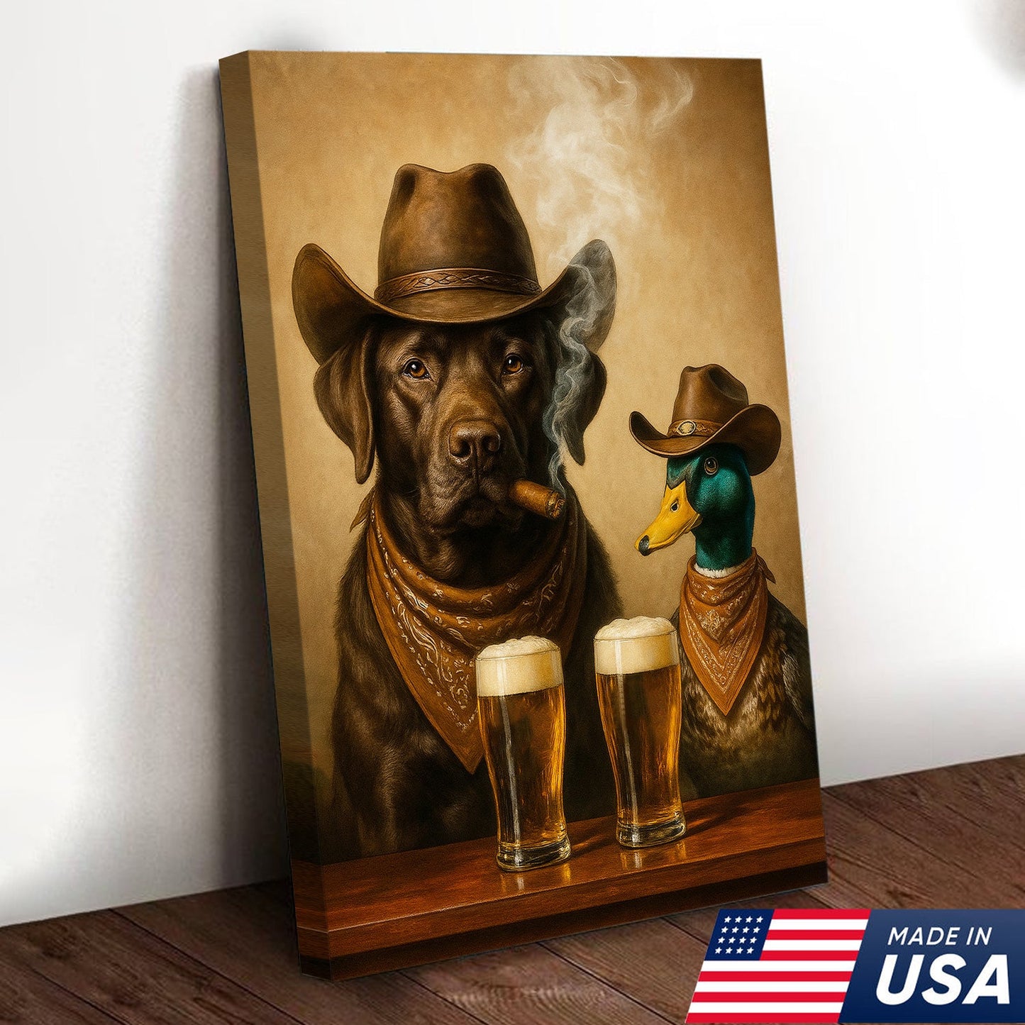 Funny Dog and Duck Canvas Wall Art – Rustic Cowboy Bar Decor Gift for Hunters and Lodge Lovers