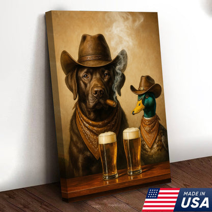Funny Dog and Duck Canvas Wall Art – Rustic Cowboy Bar Decor Gift for Hunters and Lodge Lovers