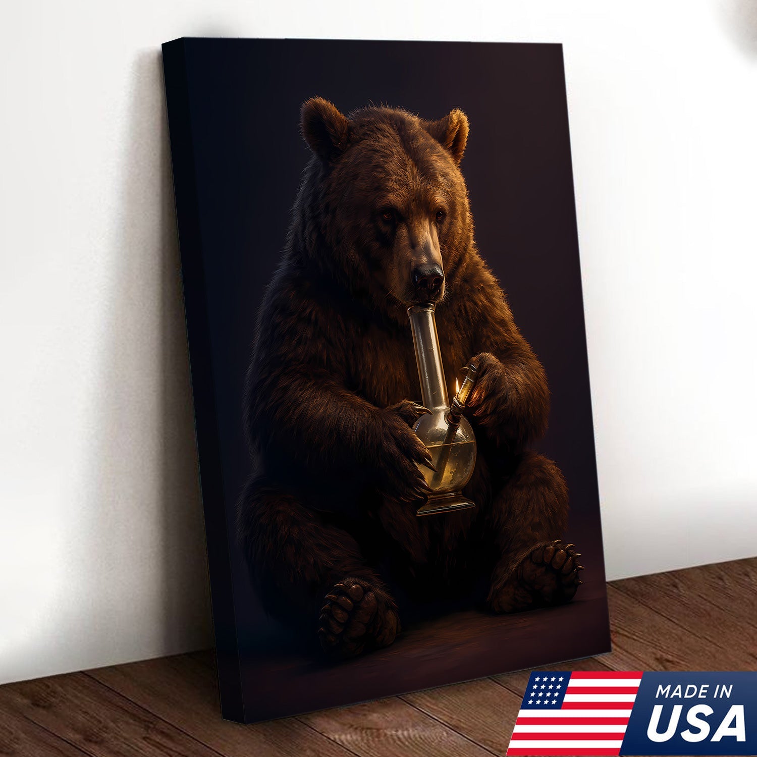 Rustic Bear Smoking Canvas Wall Art – Funny Cabin Decor for Hunters & Outdoor Lovers