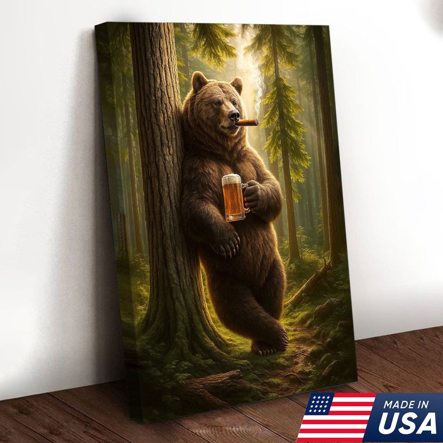 Rustic Bear in Forest Canvas Wall Art, Woodland Animal Decor, Nature Landscape Home Decoration