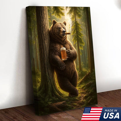Rustic Bear in Forest Canvas Wall Art, Woodland Animal Decor, Nature Landscape Home Decoration