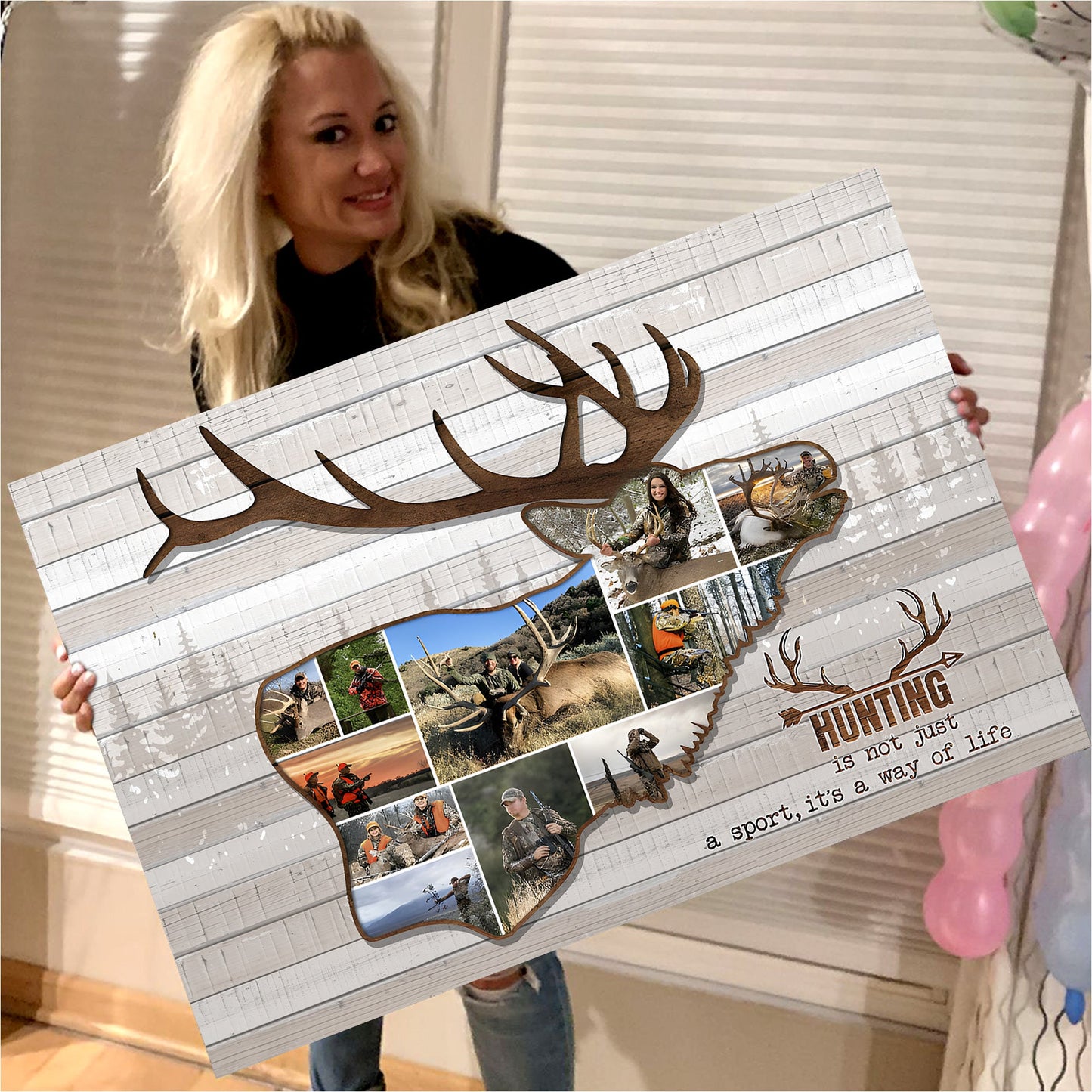 Personalized Hunting Photo Collage Wall Art Canvas - Deer Buck Silhouette Gift for Hunters