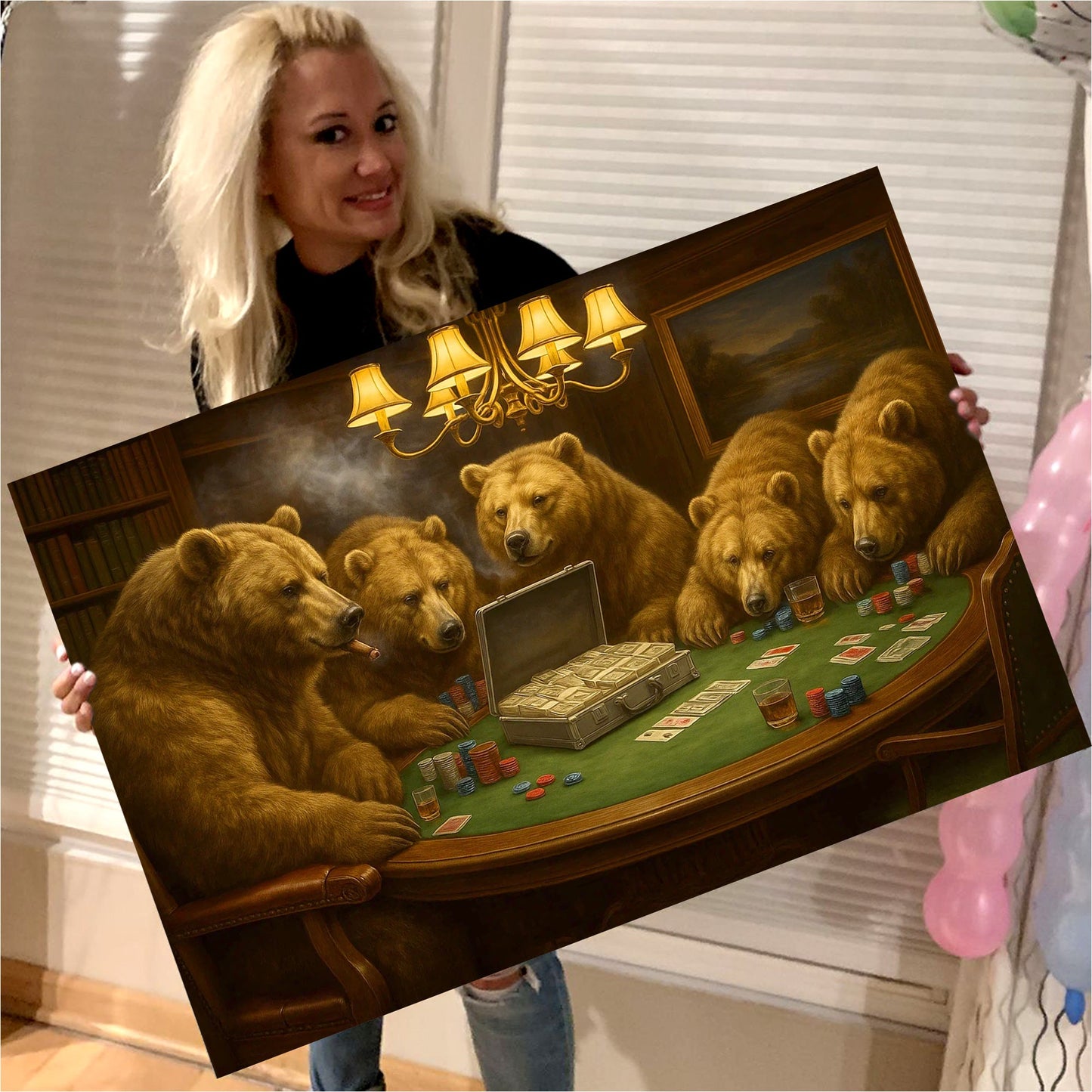 Bears Playing Poker Canvas Wall Art, Funny Casino Game Room Decor, Bear Poker Table Print