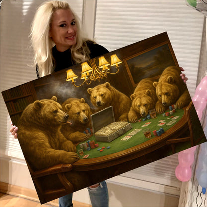 Bears Playing Poker Canvas Wall Art, Funny Casino Game Room Decor, Bear Poker Table Print