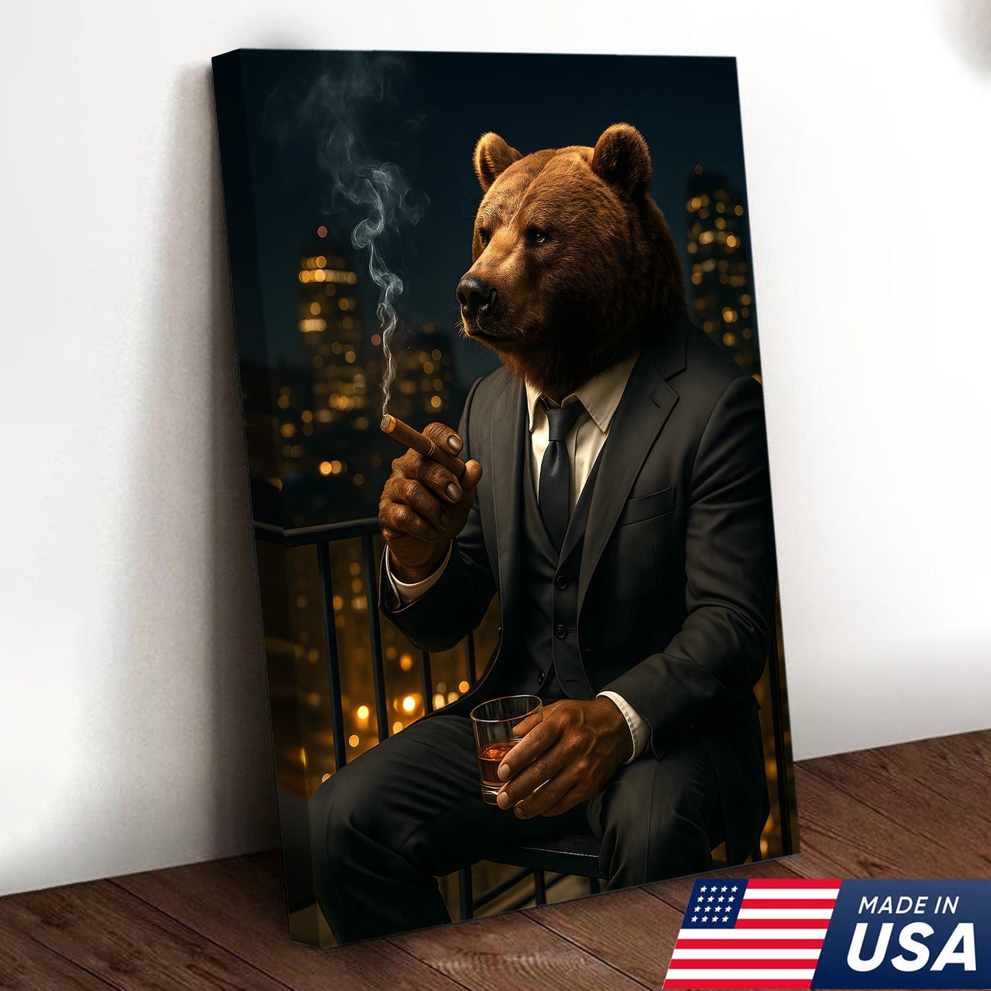 Boss Bear Wall Art – Suited Animal Smoking Canvas, Whiskey Lounge Decor, Alpha Man Gift