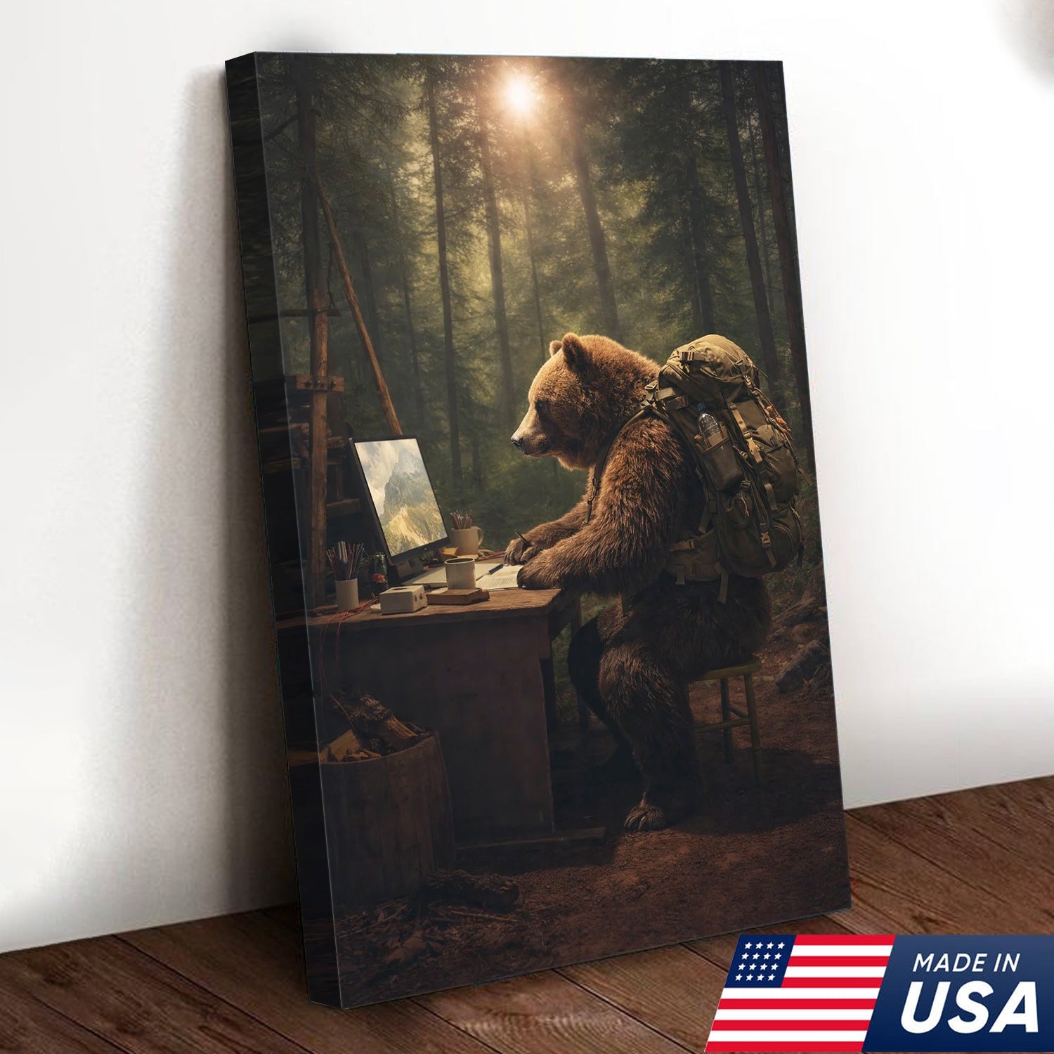 Bear Remote Work Canvas Wall Art, Whimsical Forest Office Animal Illustration