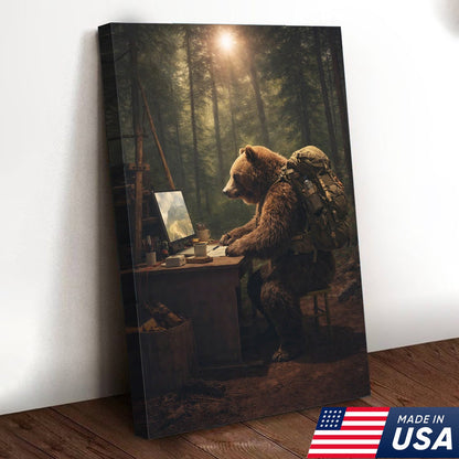 Bear Remote Work Canvas Wall Art, Whimsical Forest Office Animal Illustration