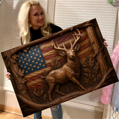 American Deer Flag Canvas Wall Art — Rustic Patriotic Design with Buck and Carved Wood Frame