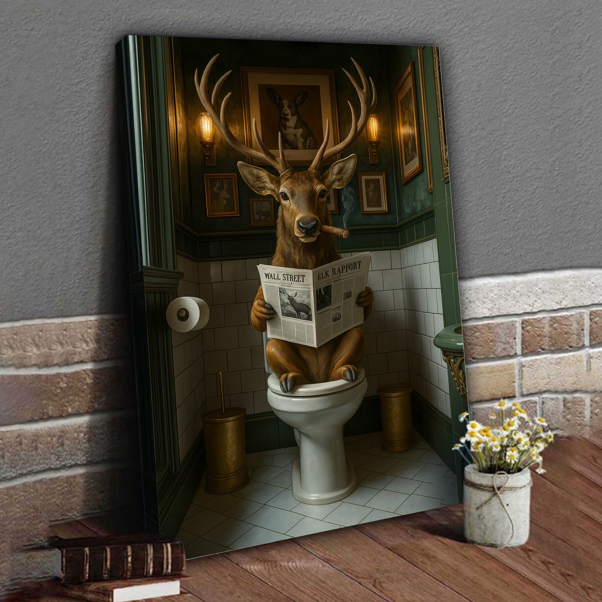 Funny Deer on Toilet Canvas Art – Stylish Animal Wall Art with Smoking and Wall Street Newspaper