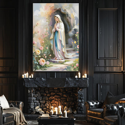 Virgin Mary Art Print: Serene Floral Catholic Home Decor Wall Art