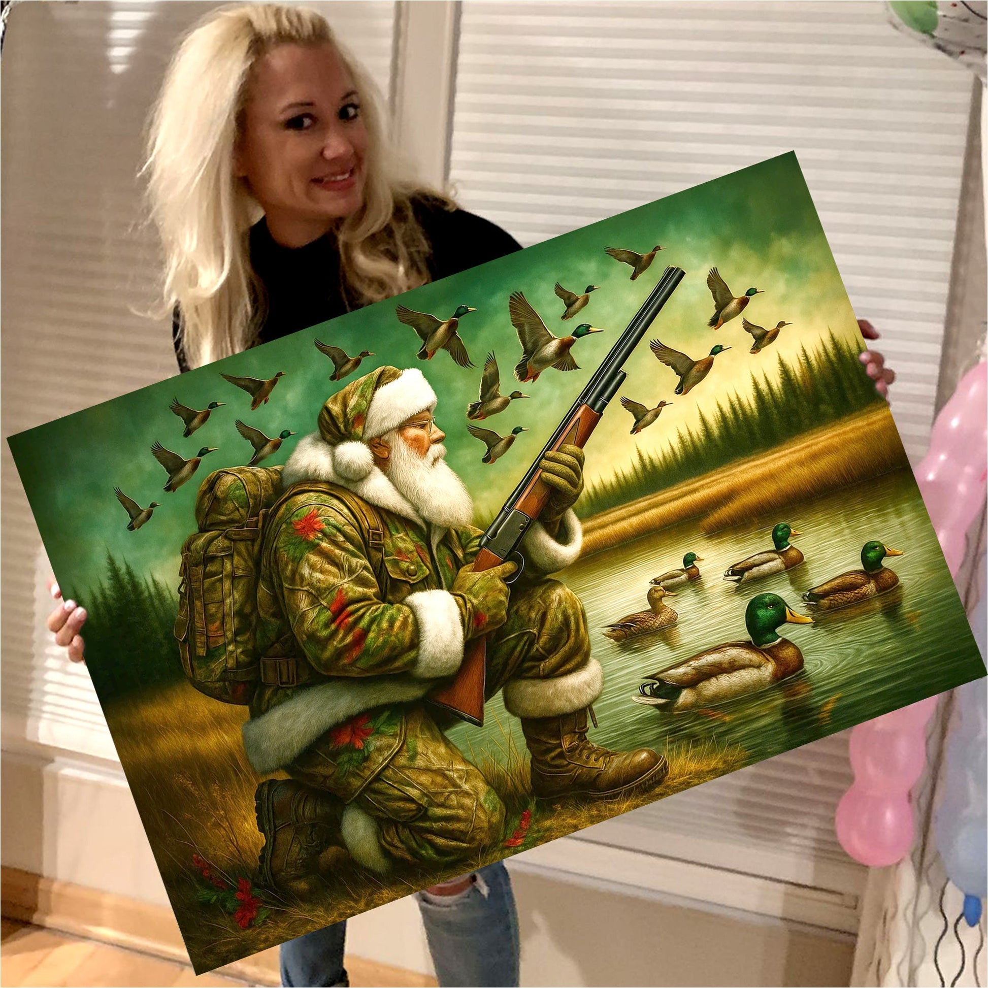Santa Duck Hunting Canvas Wall Art, Rustic Christmas Cabin Decor, Outdoor Waterfowl Hunter Gift