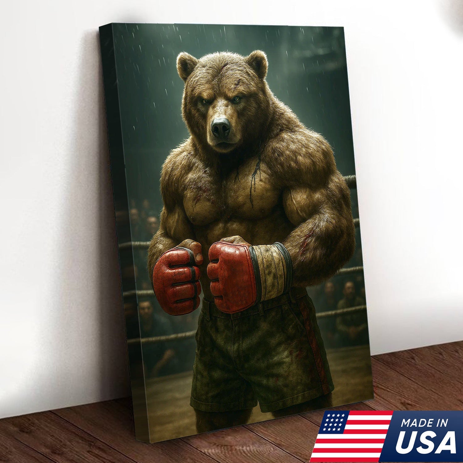 Boxer Bear Canvas Wall Art, Fierce Animal Fighter Artwork, Powerful Strength Decor for Men
