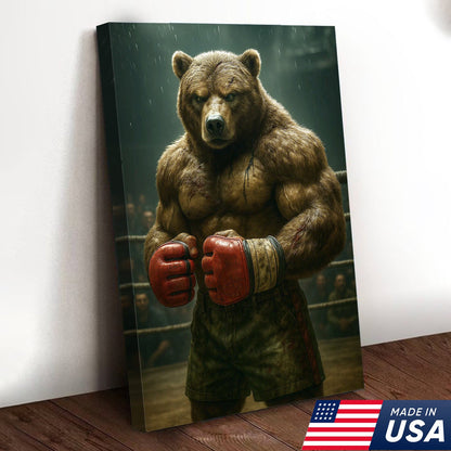 Boxer Bear Canvas Wall Art, Fierce Animal Fighter Artwork, Powerful Strength Decor for Men