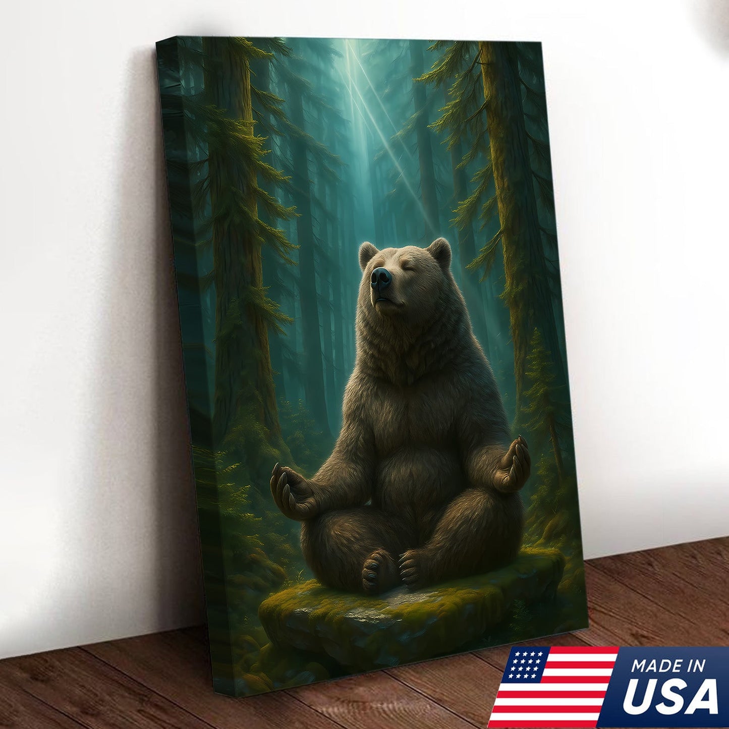 Zen Bear Wall Art – Meditating Bear Canvas for Cabin, Nature Lovers & Rustic Home Decor