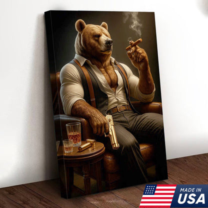 Boss Bear Canvas Wall Art, Stylish Anthropomorphic Animal Portrait, Masculine Power Lounge Decor