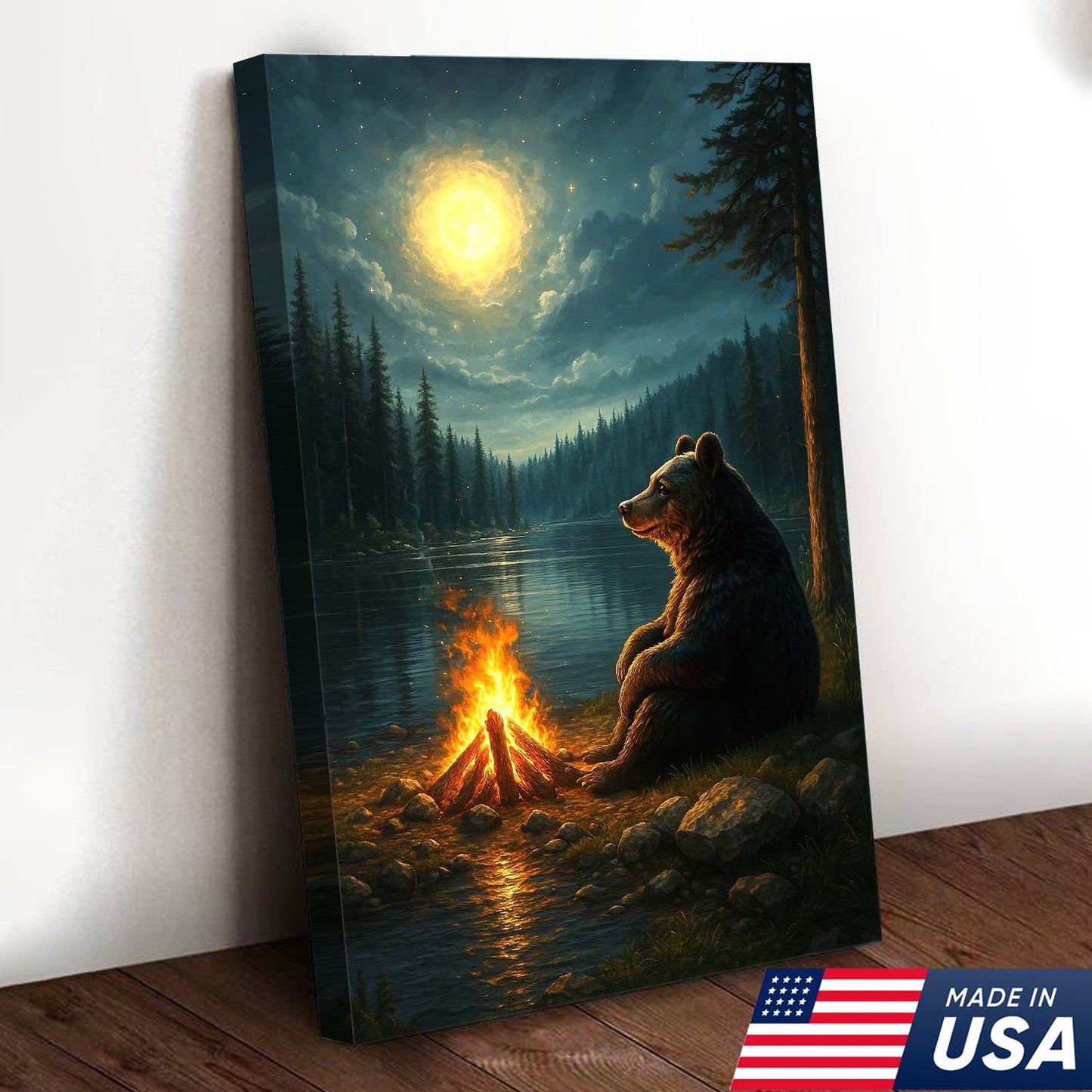 Bear Campfire Night Wall Art Canvas, Cozy Camping Bear by Lake