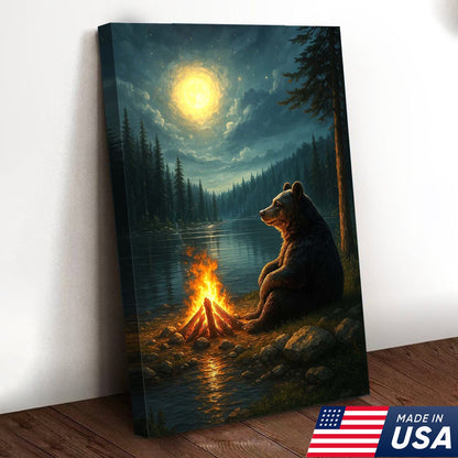Bear Campfire Night Wall Art Canvas, Cozy Camping Bear by Lake