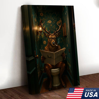 Funny Whitetail Buck Bathroom Canvas – Deer with Glasses Reading Newspaper on Toilet