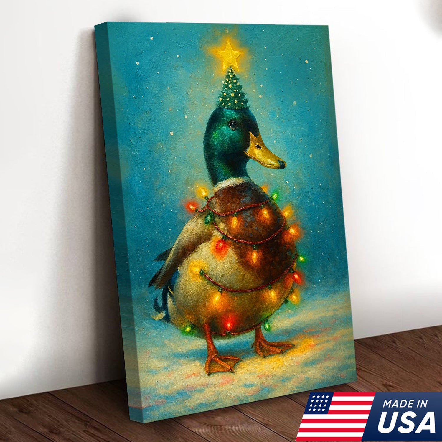 Funny Mallard Duck Christmas Canvas Wall Art – Festive Holiday Decor – Rustic Lodge Gift Idea