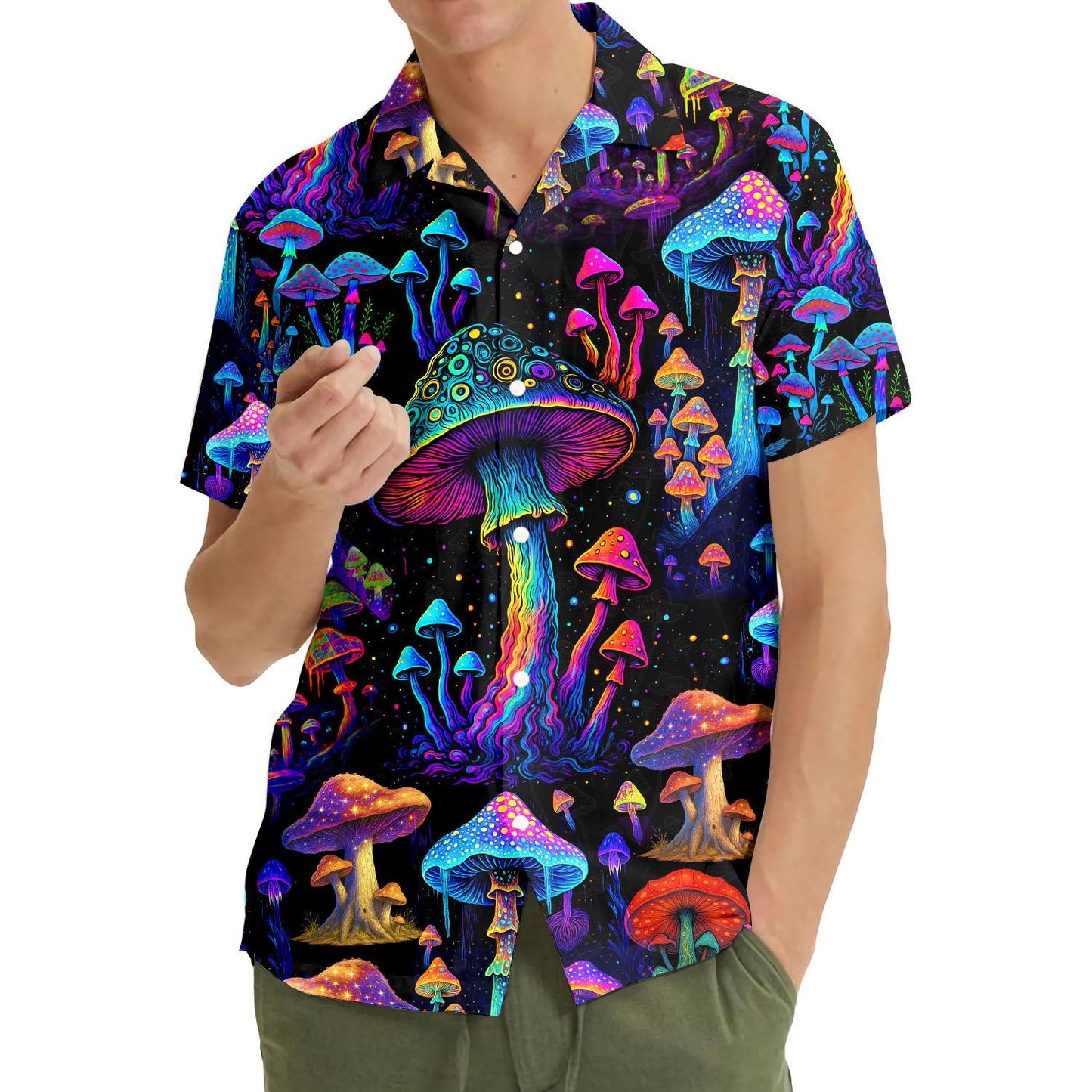 Psychedelic Mushroom Hawaiian Shirt for Men Women Youth, Neon Shrooms Button-Up Shirt Short Sleeve