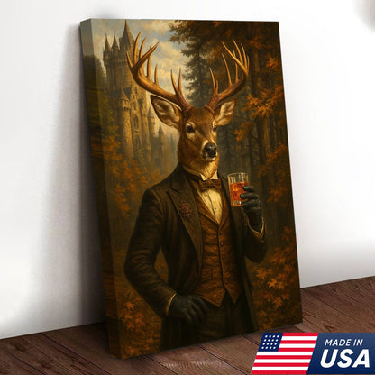 Gentleman Deer Whiskey Canvas Wall Art – Rustic Hunting Lodge & Man Cave Decor