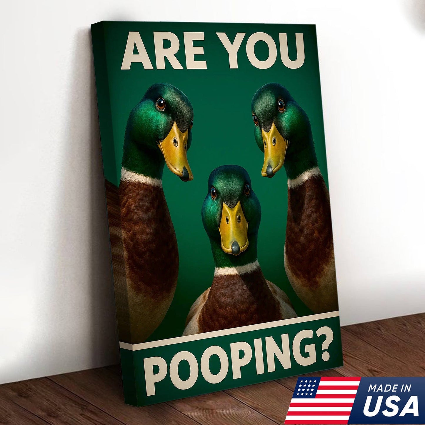 Funny Duck Bathroom Canvas Wall Art – Mallard Humor Decor – Rustic Lodge or Cabin Gift