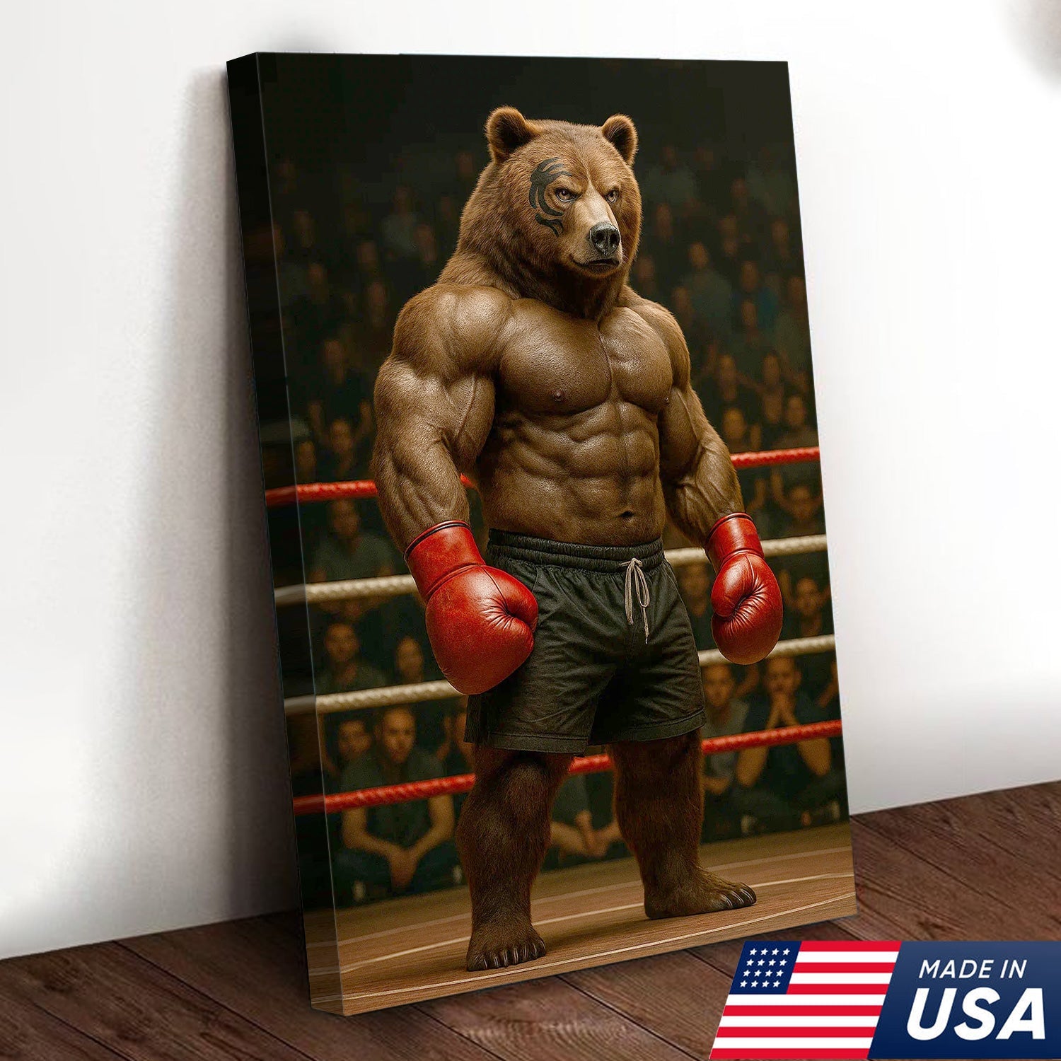 Boxing Bear Canvas Wall Art, Muscular Fighter in Red Gloves, Gym & Man Cave Decor
